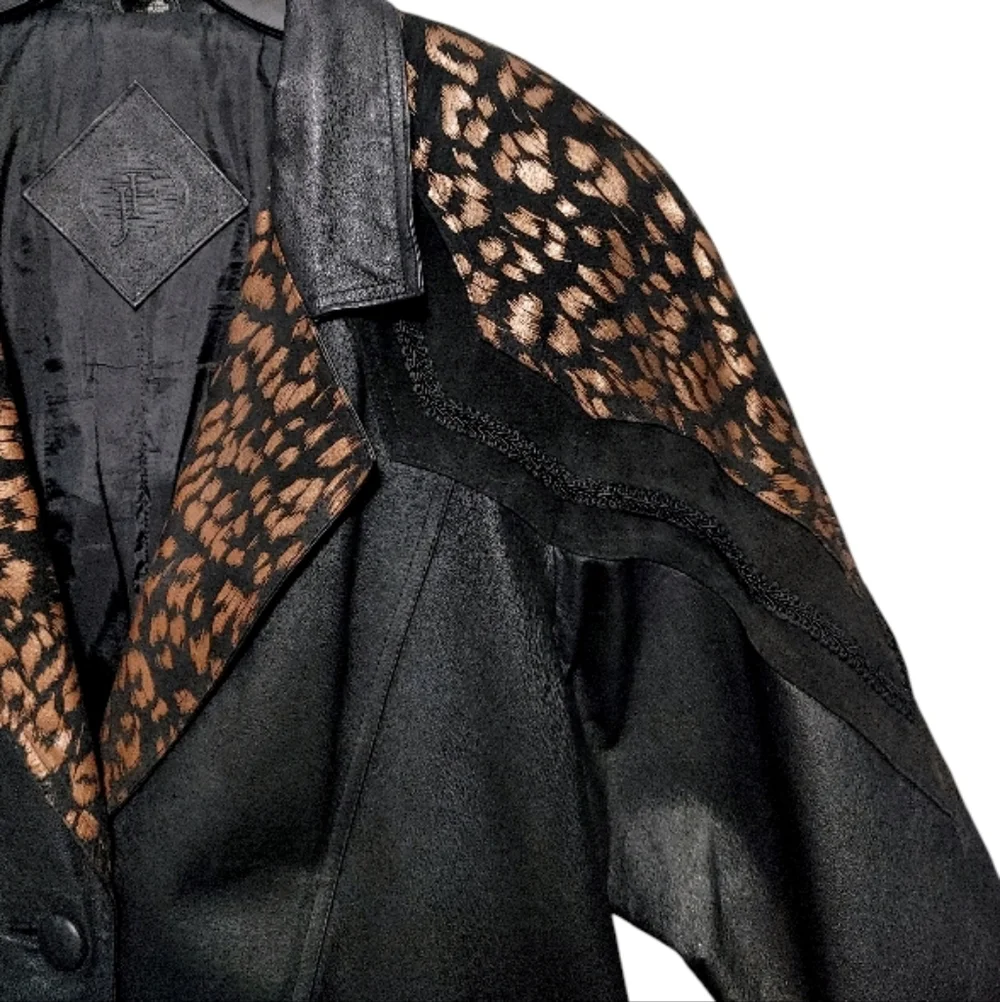 Vintage 80s JF J Ferrar Black Leopard Print Leather Suede Trench Coat Size Large - Picture 7 of 13